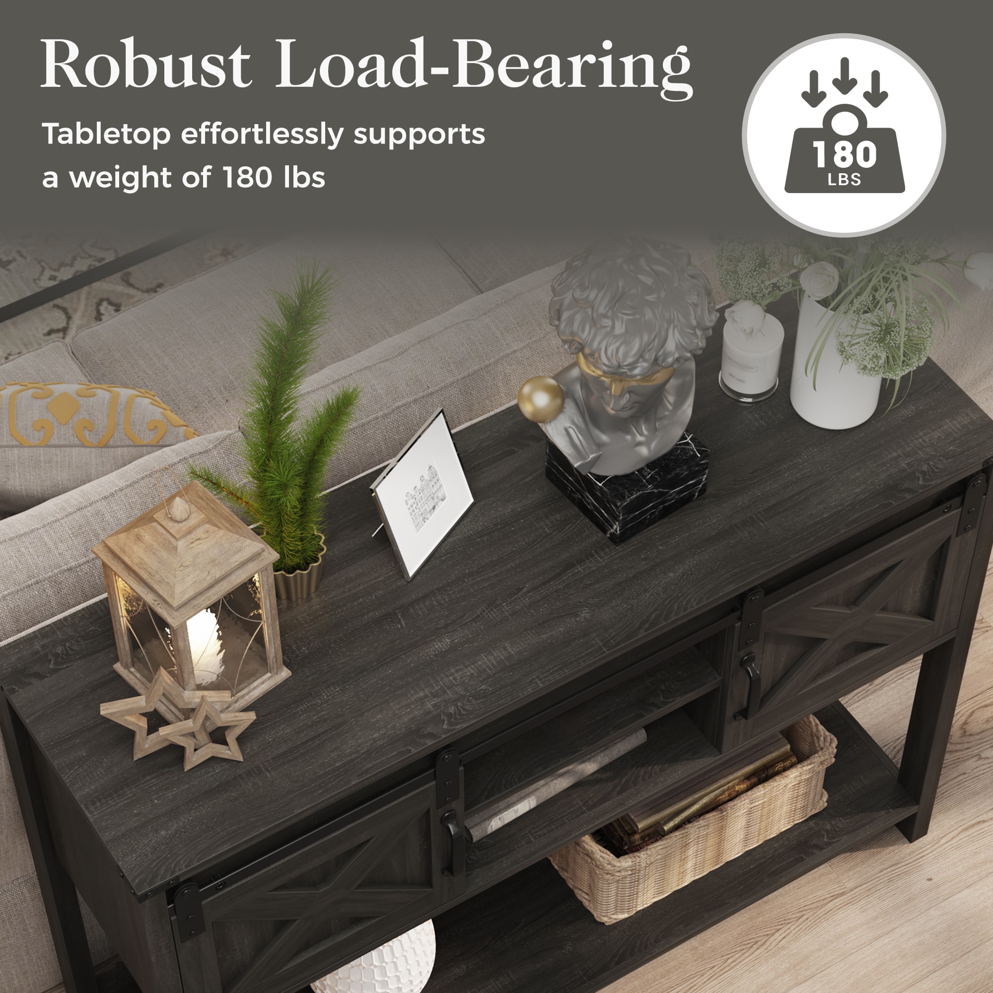 Farmhouse Entryway Table With Drawers, 46" Console Table With Sliding Barn Door, Wood Rustic Sofa Table With Adjustable Shelf For Living Room, Foyer, Hallway, Dark Gray_voghion.com